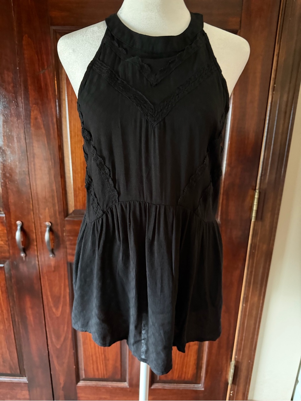 Eyeshadow Black Crochet-Trim Halter Tunic Top